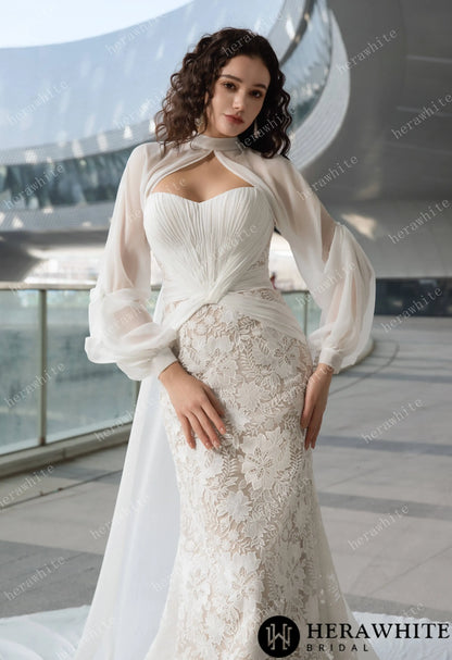 Elegant Strapless Pleated Wedding Dress with Lace Mermaid Skirt and Flowing Sheer Cape — HW3580 — image 3