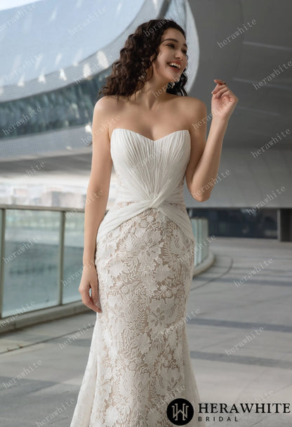Elegant Strapless Pleated Wedding Dress with Lace Mermaid Skirt and Flowing Sheer Cape — HW3580 — image 4