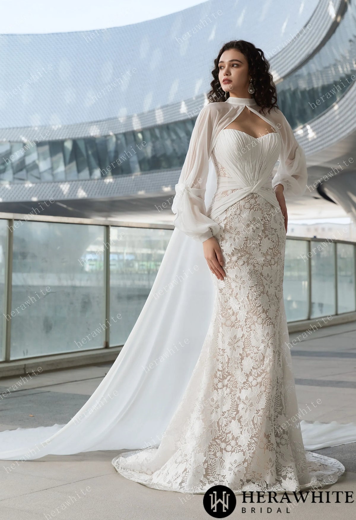 Elegant Strapless Pleated Wedding Dress with Lace Mermaid Skirt and Flowing Sheer Cape — HW3580 — image 5