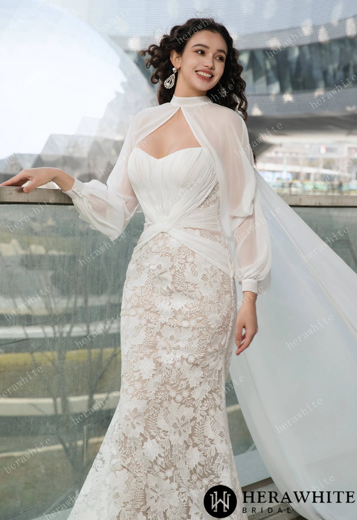 Elegant Strapless Pleated Wedding Dress with Lace Mermaid Skirt and Flowing Sheer Cape — HW3580 — image 6