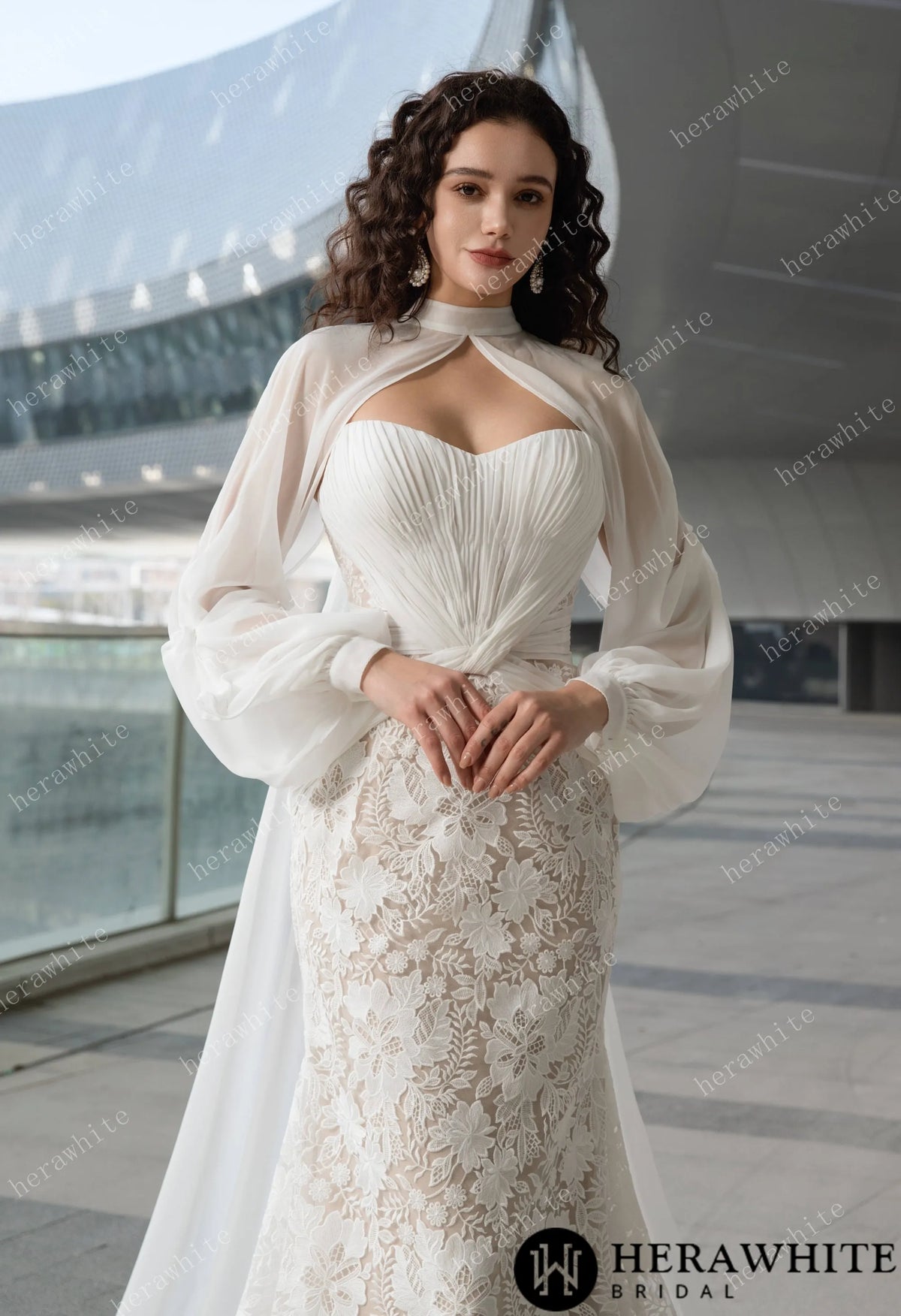 Elegant Strapless Pleated Wedding Dress with Lace Mermaid Skirt and Flowing Sheer Cape — HW3580 — image 7