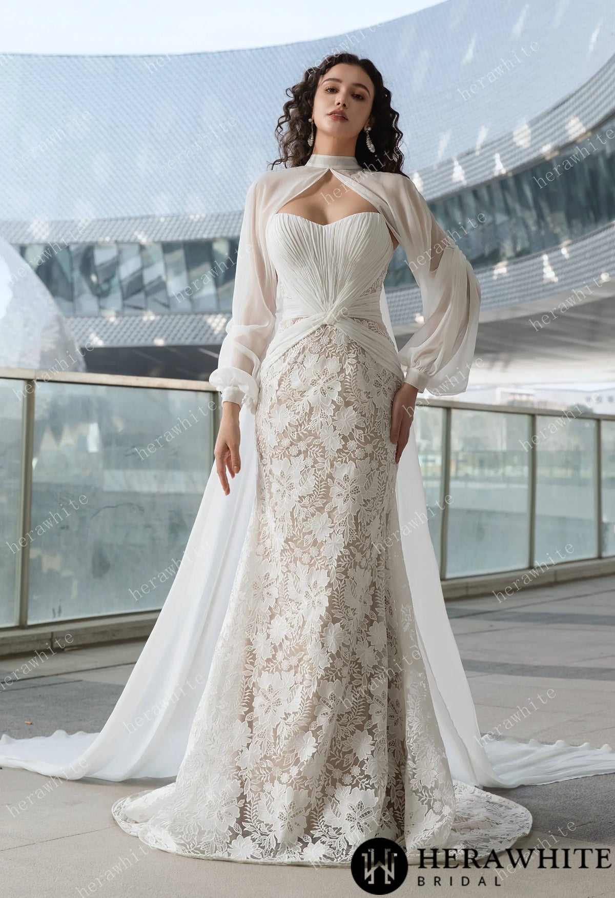 Elegant Strapless Pleated Wedding Dress with Lace Mermaid Skirt and Flowing Sheer Cape — HW3580 — image 8