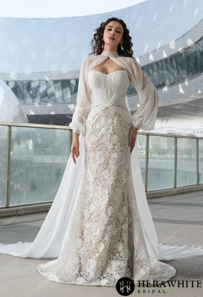 Elegant Strapless Pleated Wedding Dress with Lace Mermaid Skirt and Flowing Sheer Cape — HW3580 — image 8