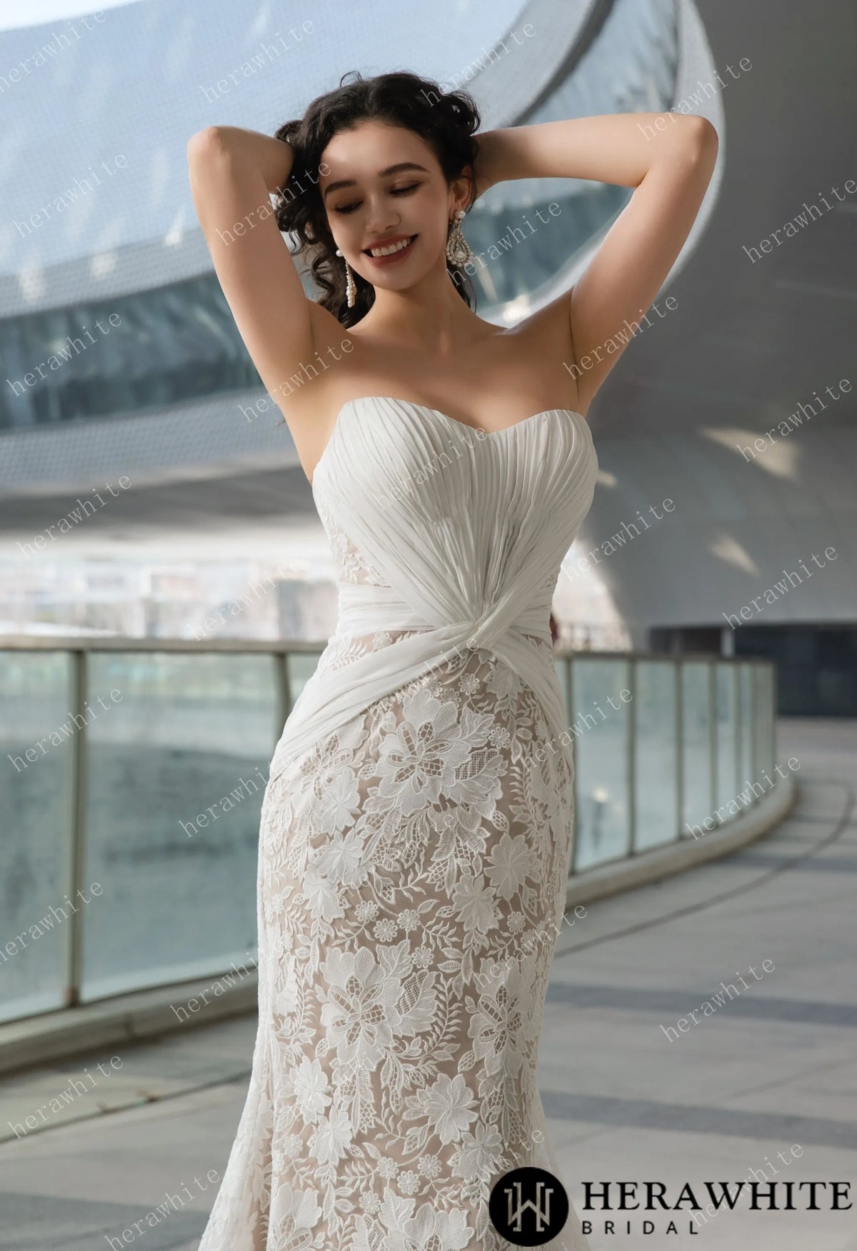 Elegant Strapless Pleated Wedding Dress with Lace Mermaid Skirt and Flowing Sheer Cape — HW3580 — image 9