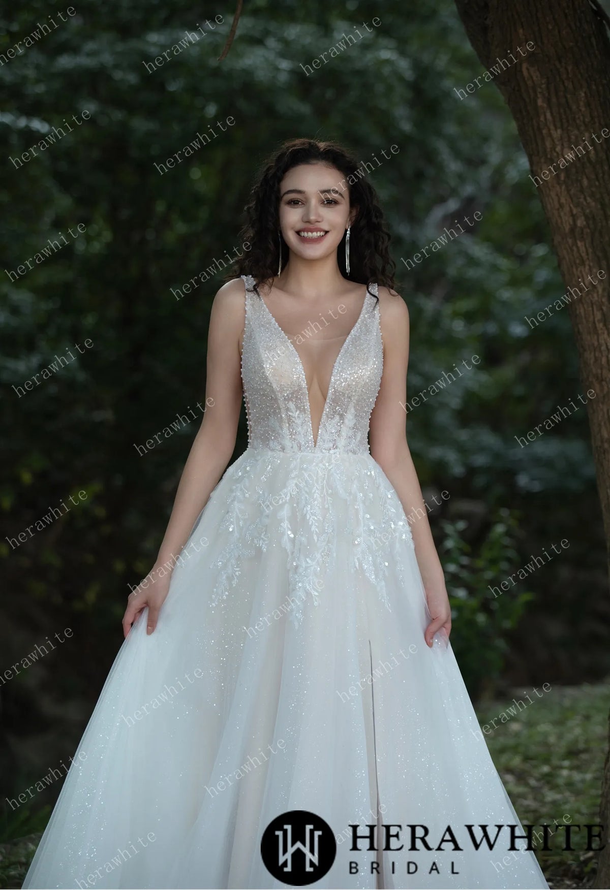 Sparkling A-line Gown with Deep V-neckline and Floral Embellished Bodice — HW3581 — image 1