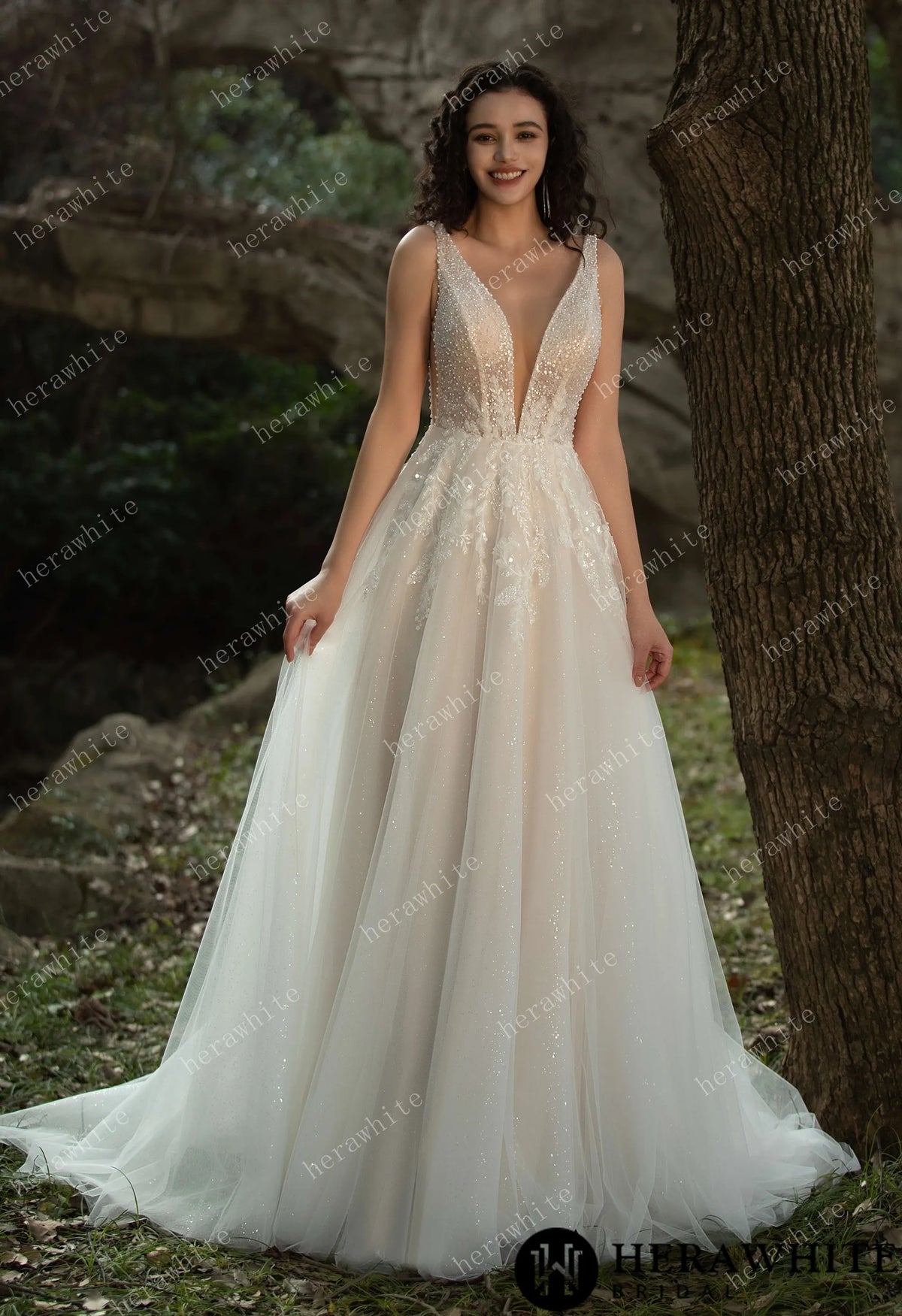 Sparkling A-line Gown with Deep V-neckline and Floral Embellished Bodice — HW3581 — image 2