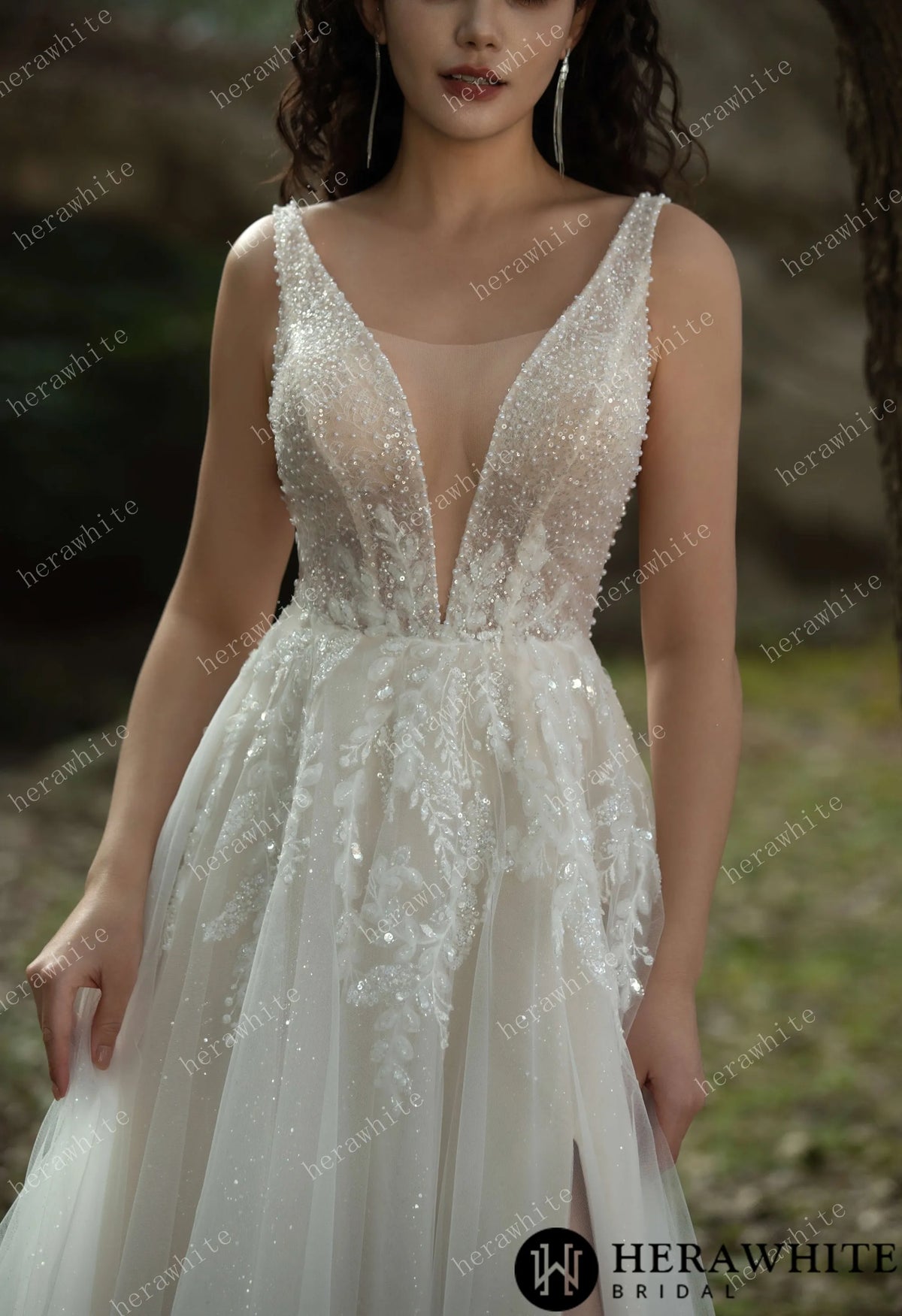 Sparkling A-line Gown with Deep V-neckline and Floral Embellished Bodice — HW3581 — image 3