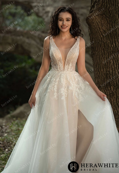 Sparkling A-line Gown with Deep V-neckline and Floral Embellished Bodice — HW3581 — image 4