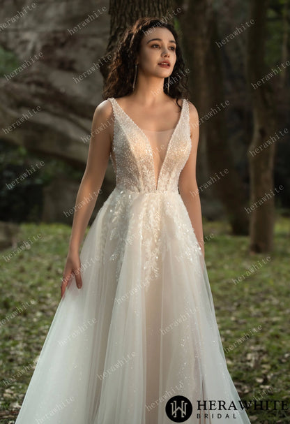 Sparkling A-line Gown with Deep V-neckline and Floral Embellished Bodice — HW3581 — image 5
