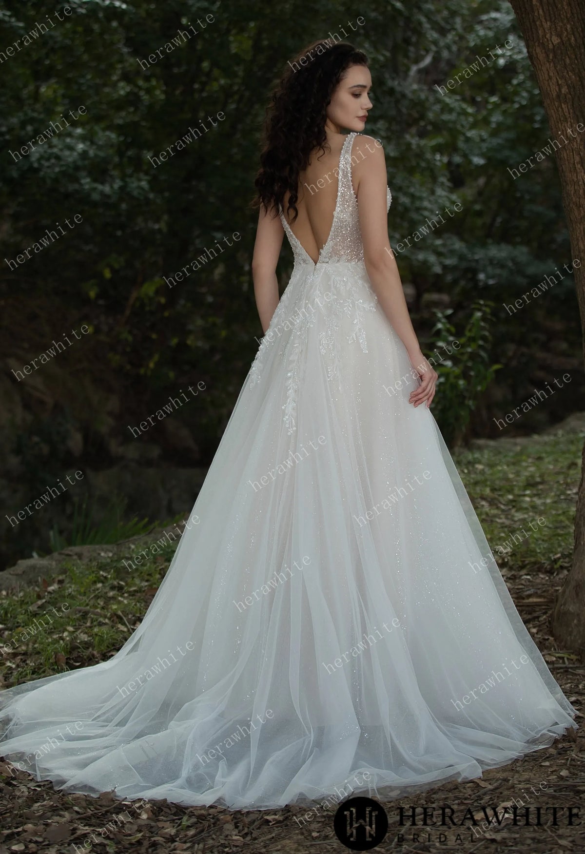 Sparkling A-line Gown with Deep V-neckline and Floral Embellished Bodice — HW3581 — image 6