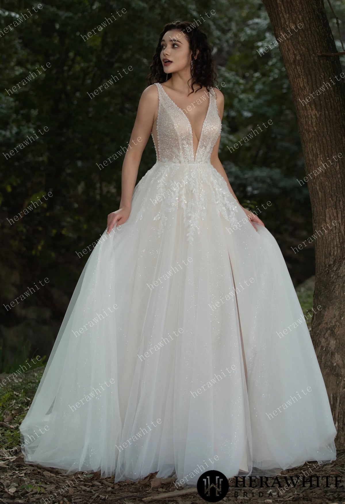 Sparkling A-line Gown with Deep V-neckline and Floral Embellished Bodice — HW3581 — image 7