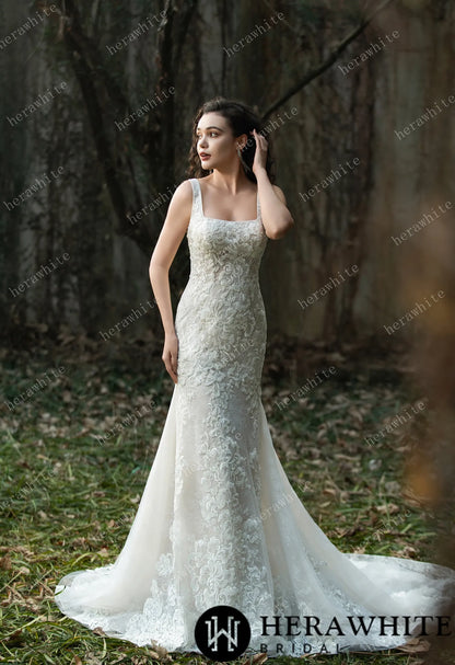 Elegant Lace Fit-and-Flare Gown with Square Neckline and Intricate Floral Detailing — HW3582 — image 1