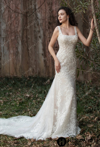 Elegant Lace Fit-and-Flare Gown with Square Neckline and Intricate Floral Detailing — HW3582 — image 2