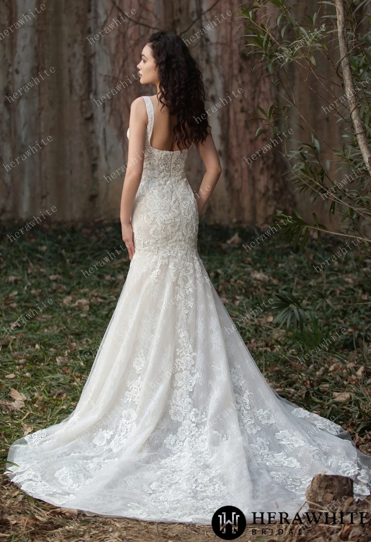 Elegant Lace Fit-and-Flare Gown with Square Neckline and Intricate Floral Detailing — HW3582 — image 3