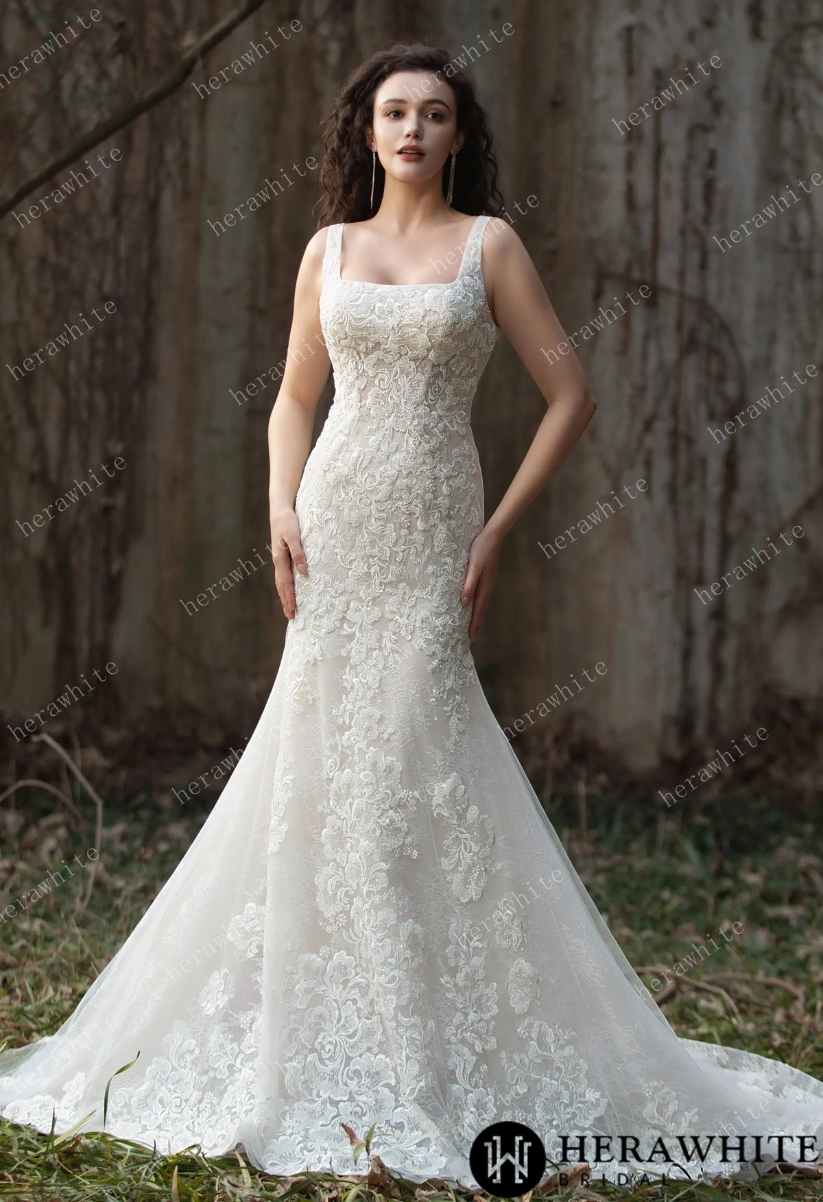Elegant Lace Fit-and-Flare Gown with Square Neckline and Intricate Floral Detailing — HW3582 — image 4
