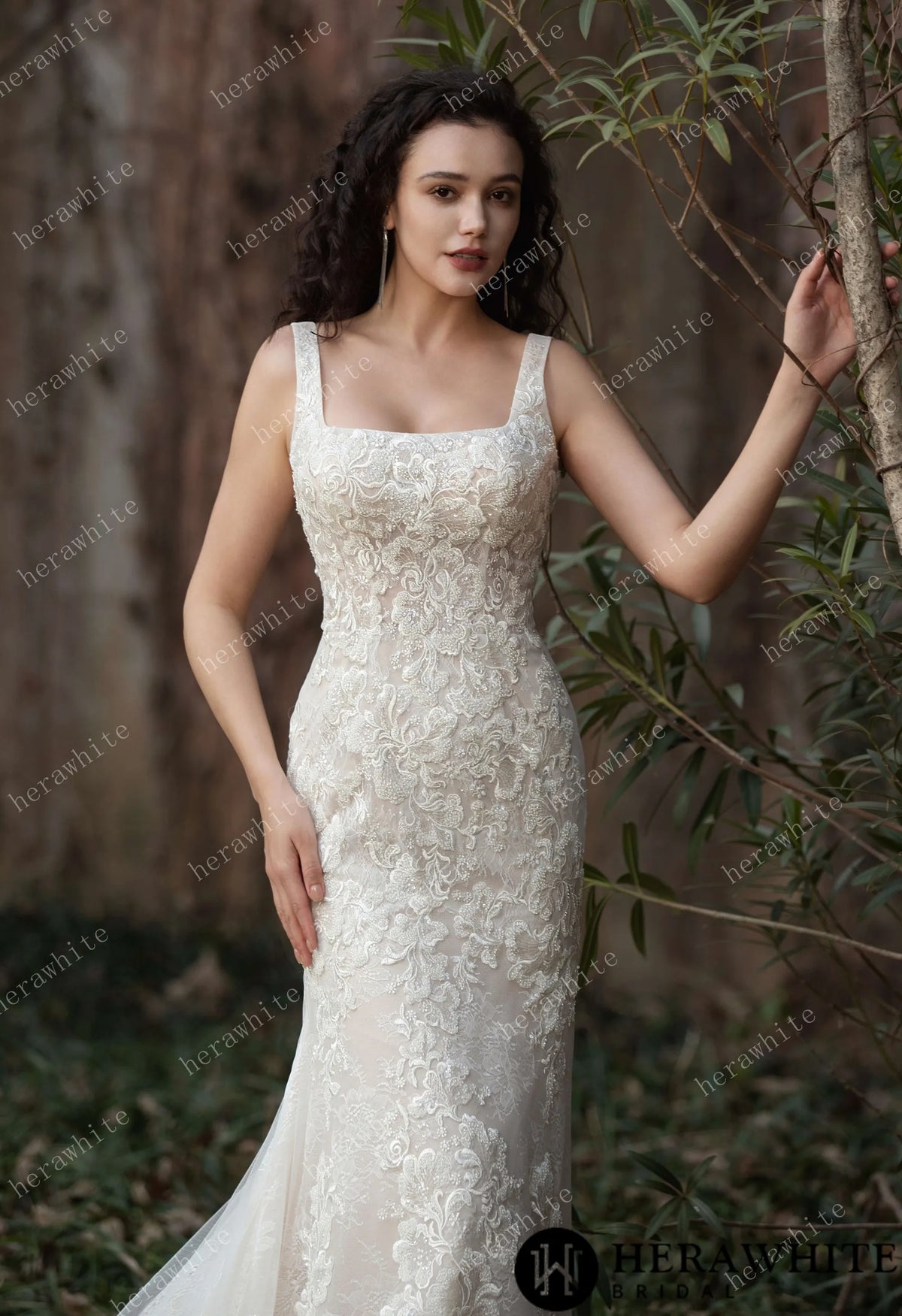 Elegant Lace Fit-and-Flare Gown with Square Neckline and Intricate Floral Detailing — HW3582 — image 5