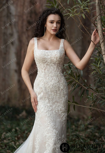 Elegant Lace Fit-and-Flare Gown with Square Neckline and Intricate Floral Detailing — HW3582 — image 5