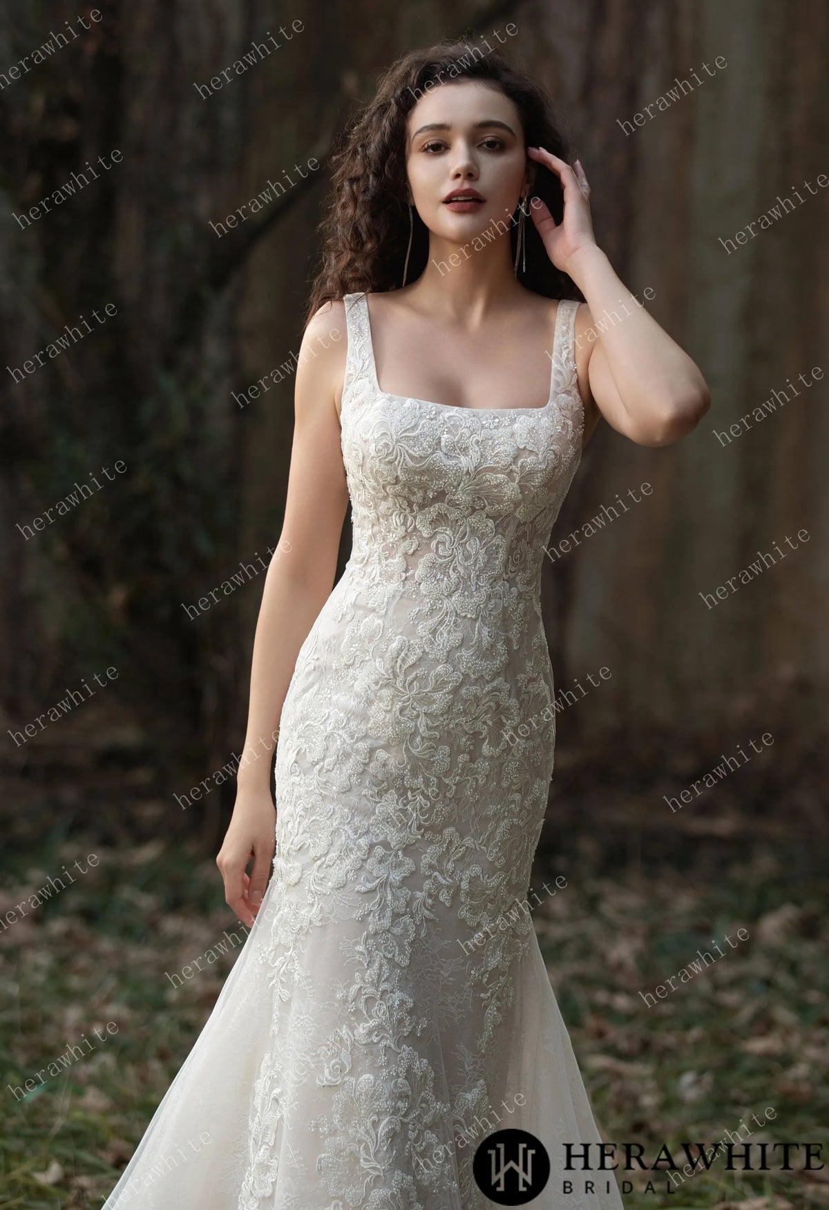 Elegant Lace Fit-and-Flare Gown with Square Neckline and Intricate Floral Detailing — HW3582 — image 6