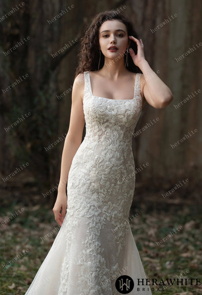 Elegant Lace Fit-and-Flare Gown with Square Neckline and Intricate Floral Detailing — HW3582 — image 6