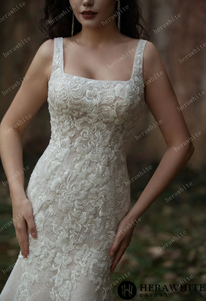 Elegant Lace Fit-and-Flare Gown with Square Neckline and Intricate Floral Detailing — HW3582 — image 7