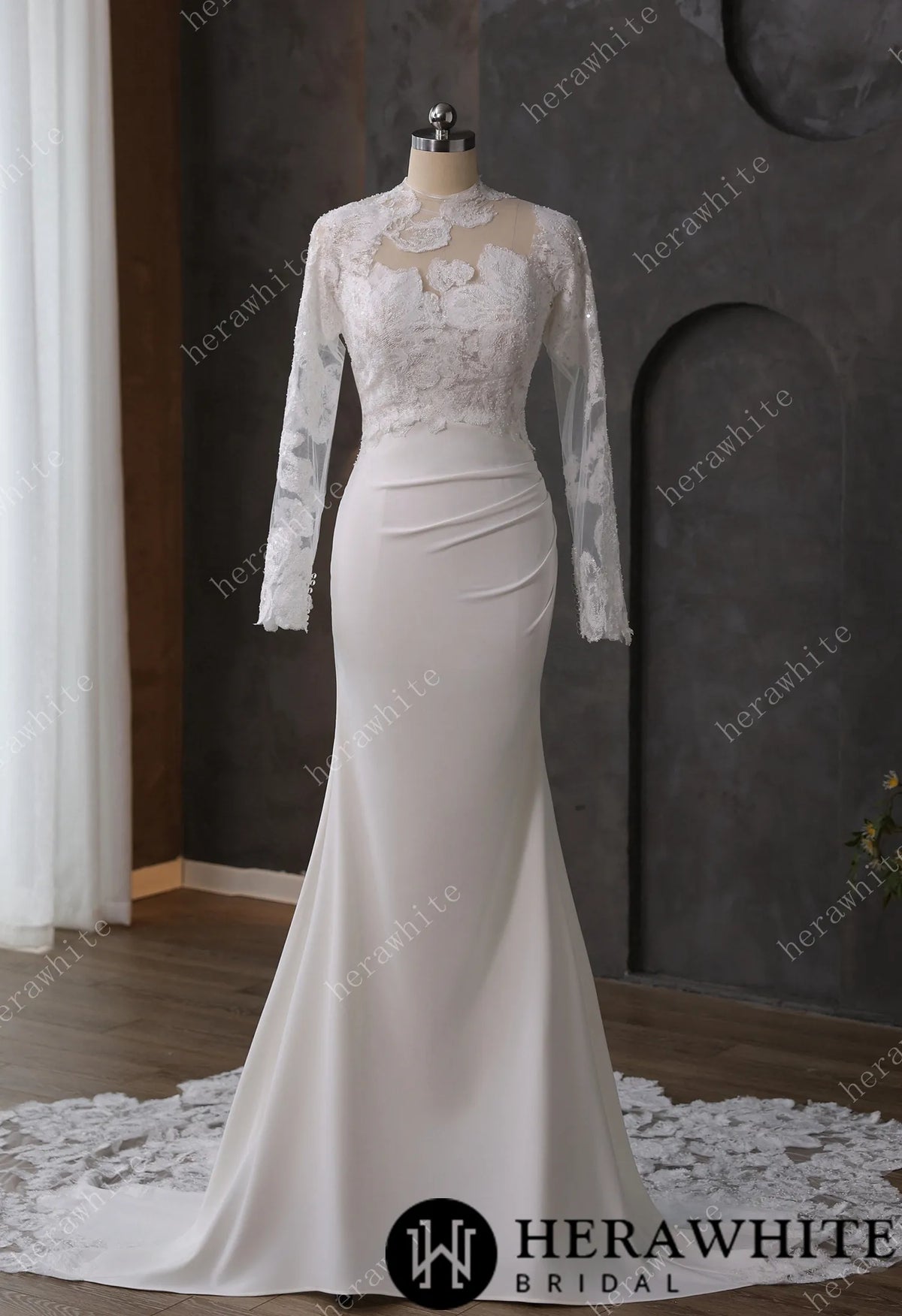 Beaded Lace Sheer Bodice Wedding Dress with Crepe Skirt — HW3592 — image 1