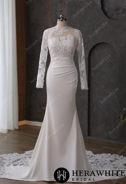 Beaded Lace Sheer Bodice Wedding Dress with Crepe Skirt — HW3592 — image 1