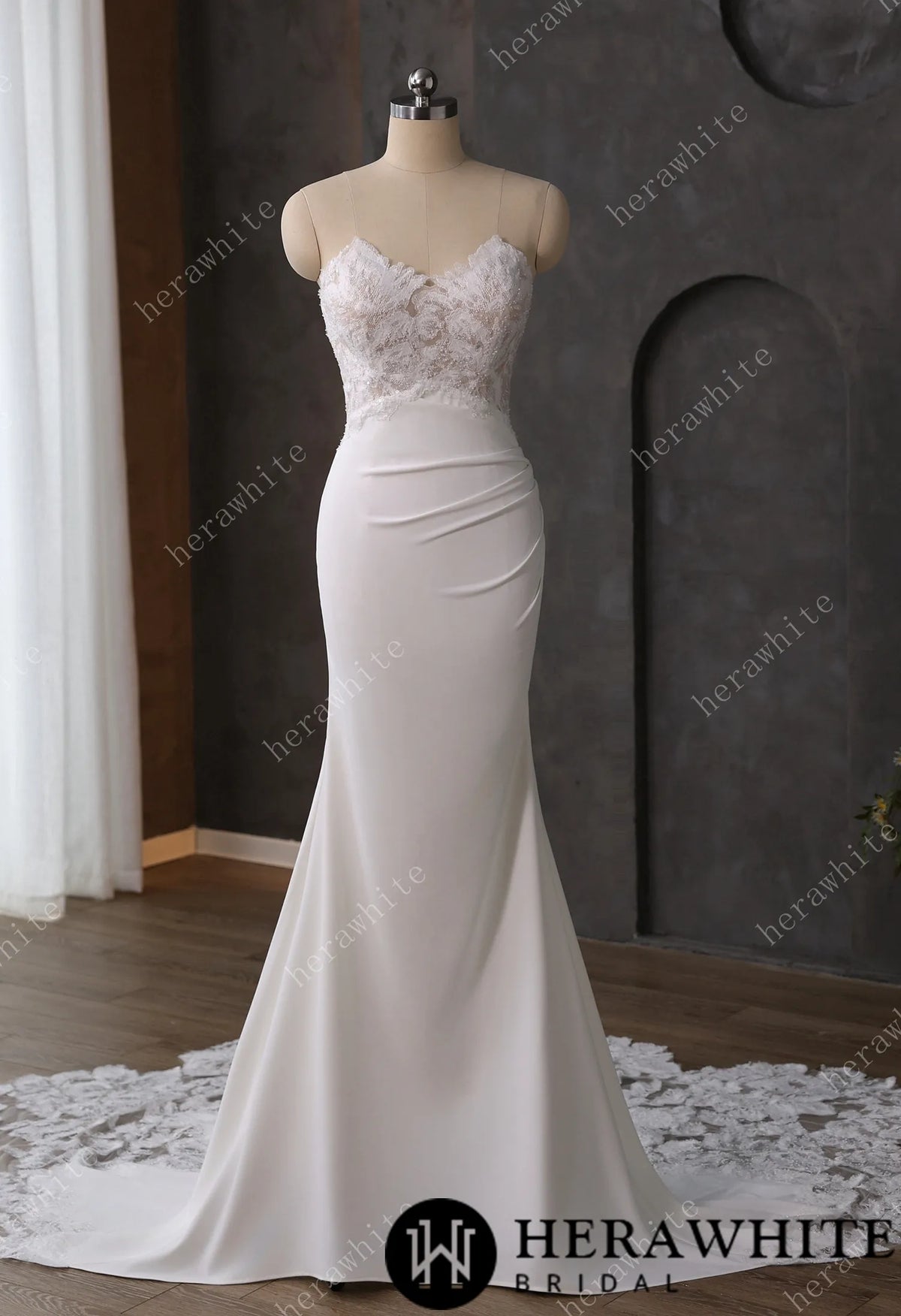 Beaded Lace Sheer Bodice Wedding Dress with Crepe Skirt — HW3592 — image 2