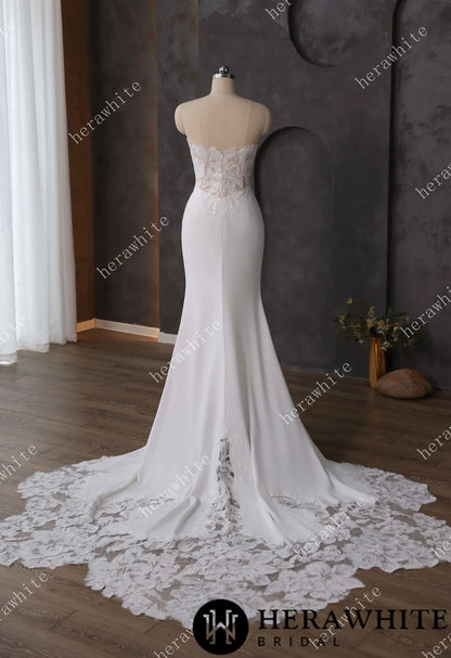 Beaded Lace Sheer Bodice Wedding Dress with Crepe Skirt — HW3592 — image 3