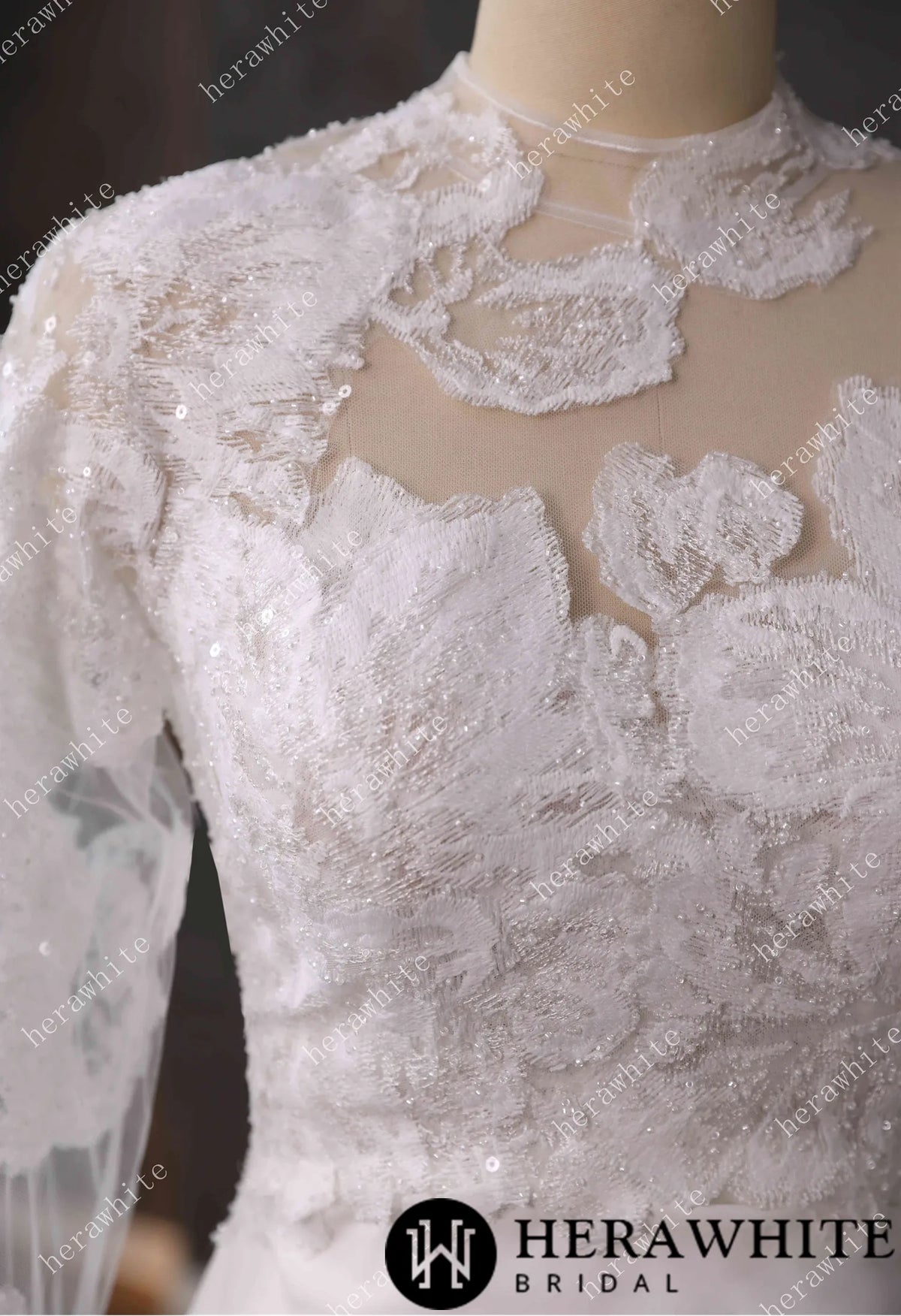 Beaded Lace Sheer Bodice Wedding Dress with Crepe Skirt — HW3592 — image 4