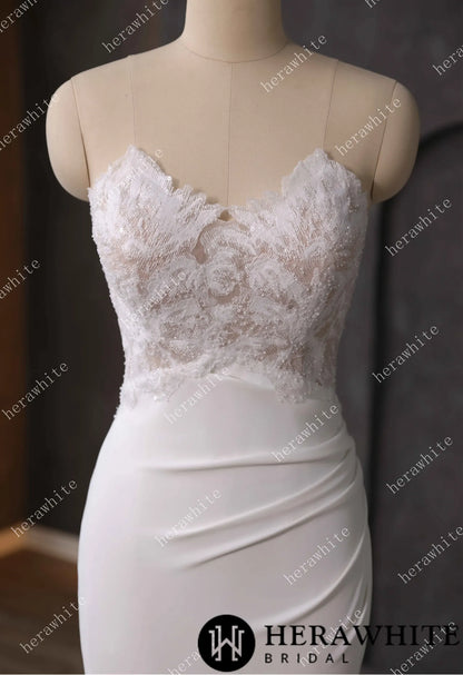 Beaded Lace Sheer Bodice Wedding Dress with Crepe Skirt — HW3592 — image 5