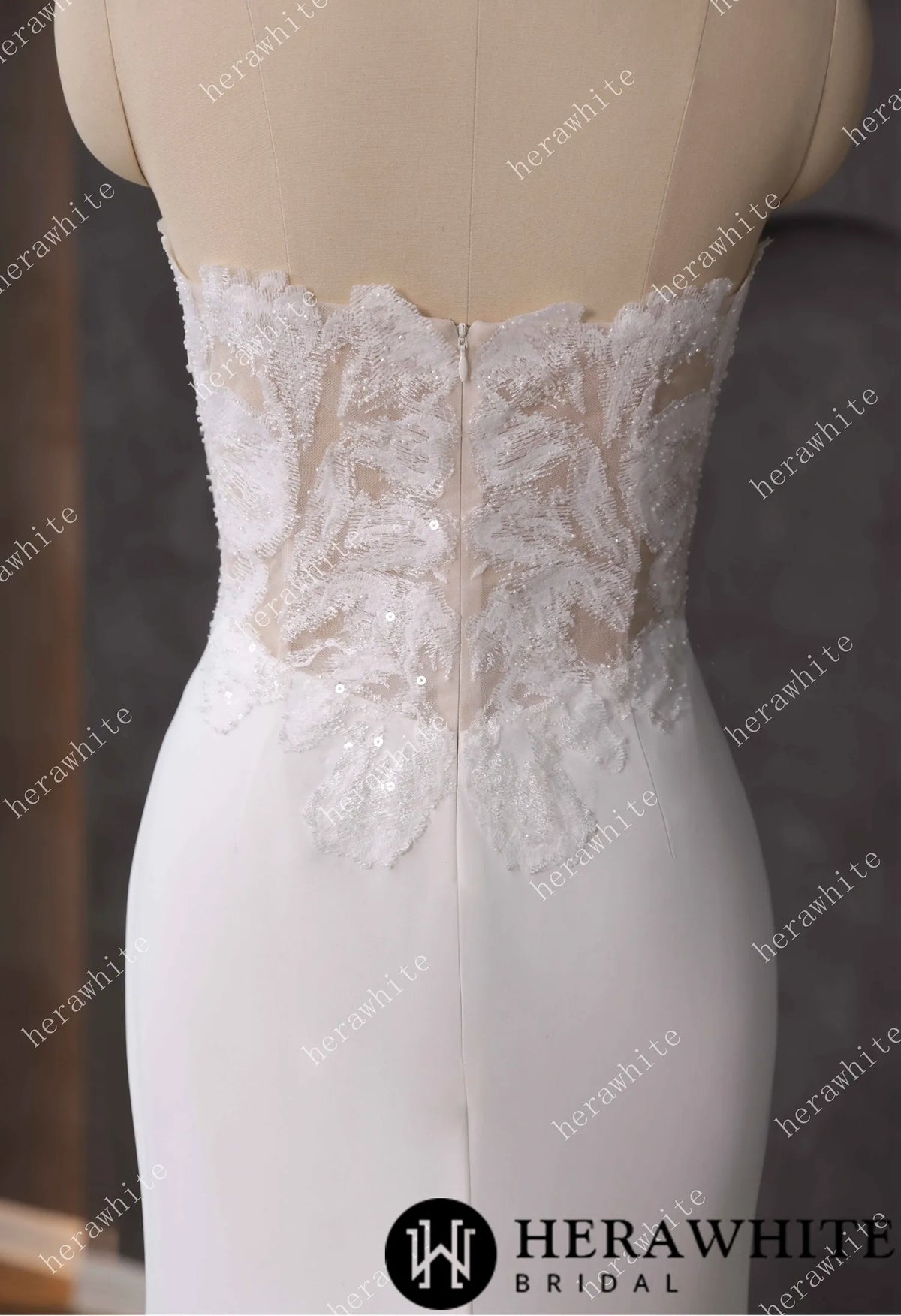 Beaded Lace Sheer Bodice Wedding Dress with Crepe Skirt — HW3592 — image 6