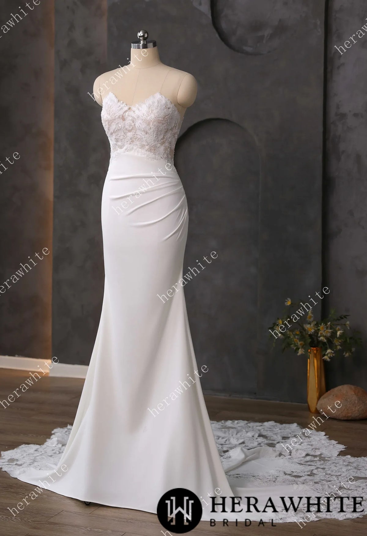 Beaded Lace Sheer Bodice Wedding Dress with Crepe Skirt — HW3592 — image 7