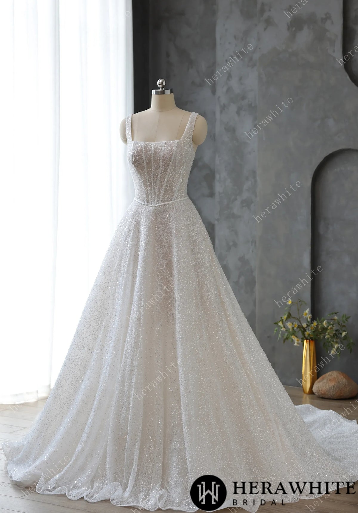 Sophisticated Square Neck Beaded Embroidery Lace Wedding Dress — HW3597 — image 1