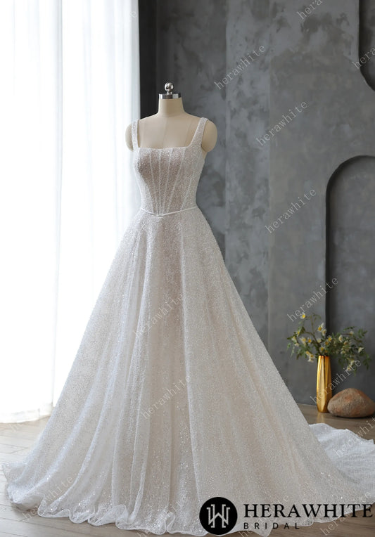 Sophisticated Square Neck Beaded Embroidery Lace Wedding Dress — HW3597 — image 1