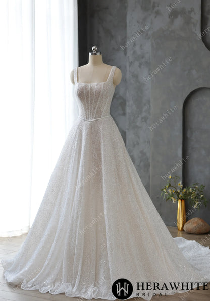 Sophisticated Square Neck Beaded Embroidery Lace Wedding Dress — HW3597 — image 2