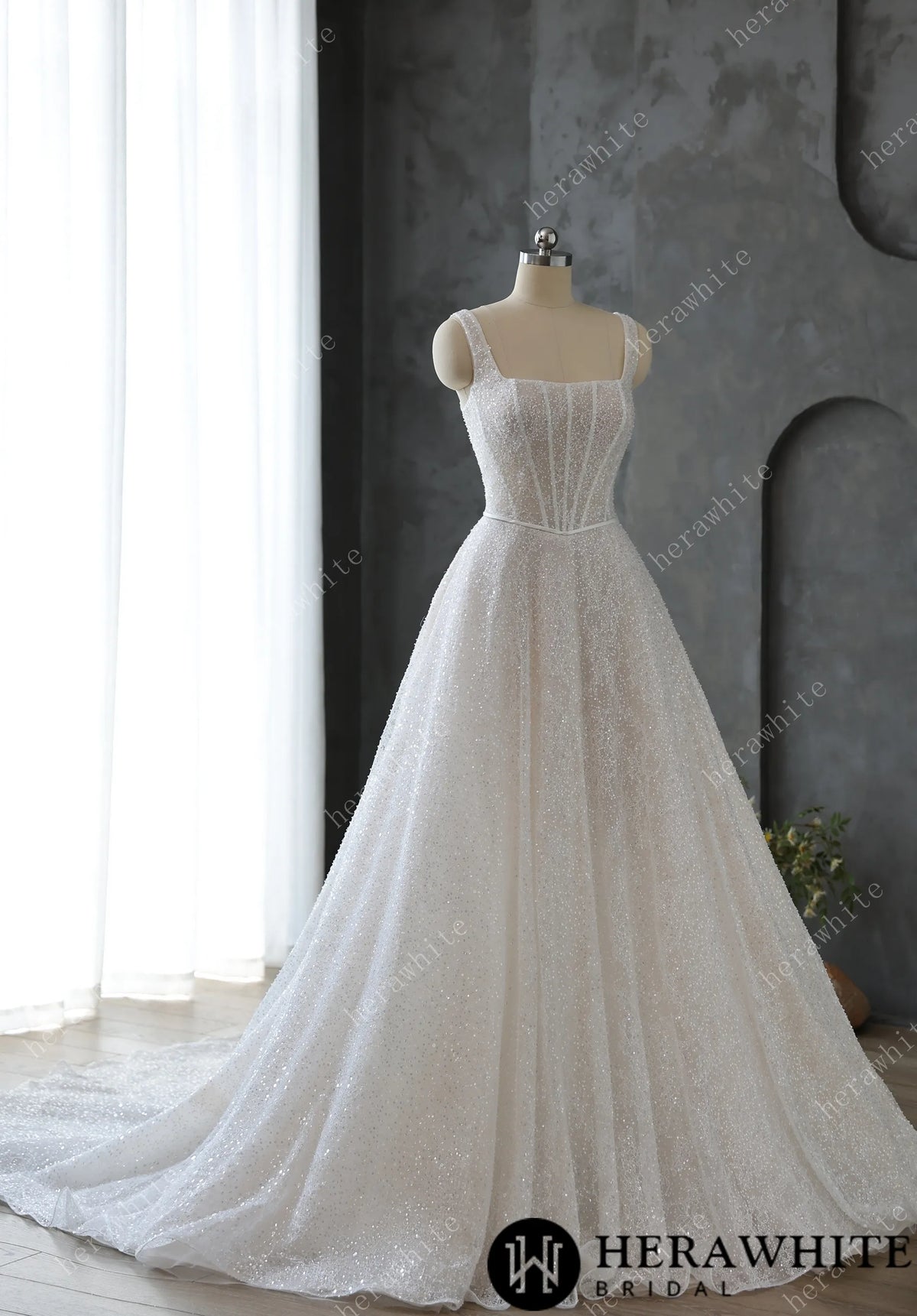 Sophisticated Square Neck Beaded Embroidery Lace Wedding Dress — HW3597 — image 3