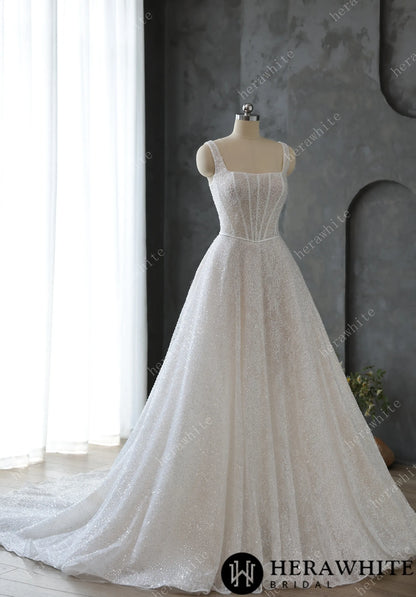 Sophisticated Square Neck Beaded Embroidery Lace Wedding Dress — HW3597 — image 3