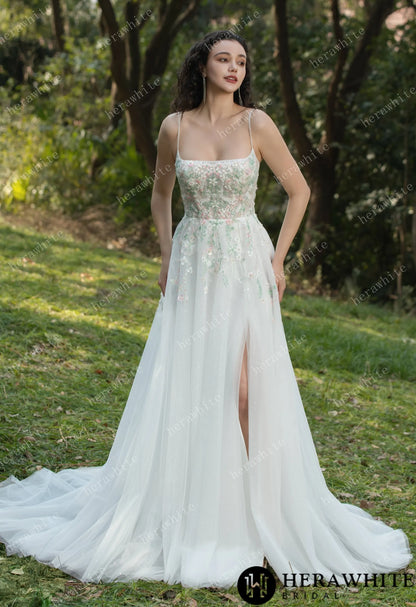 Colourful Embroidered Floral With Spaghetti Straps Square Neck Wedding Dress — HW3608 — image 1