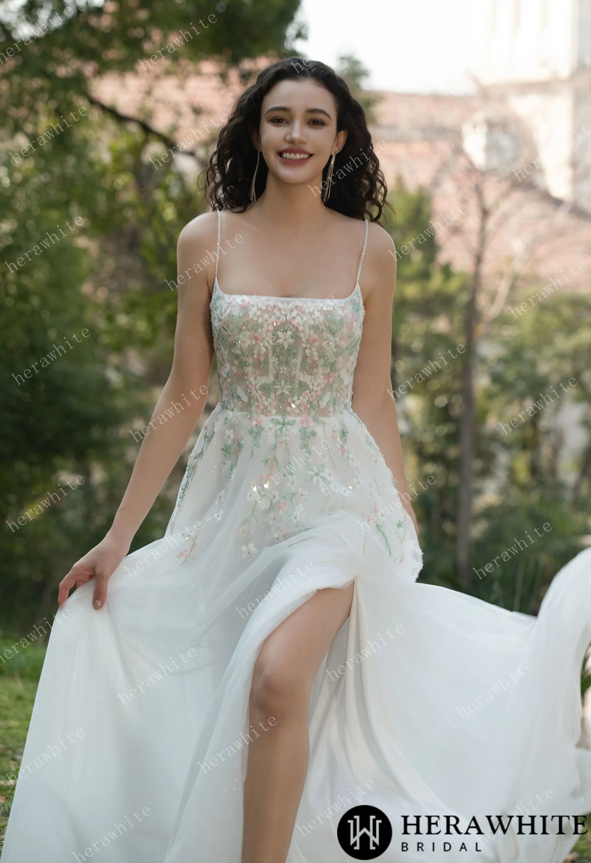 Colourful Embroidered Floral With Spaghetti Straps Square Neck Wedding Dress — HW3608 — image 2