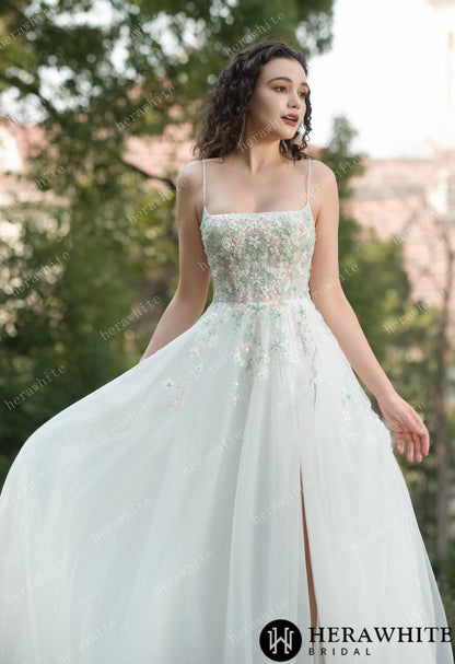 Colourful Embroidered Floral With Spaghetti Straps Square Neck Wedding Dress — HW3608 — image 3