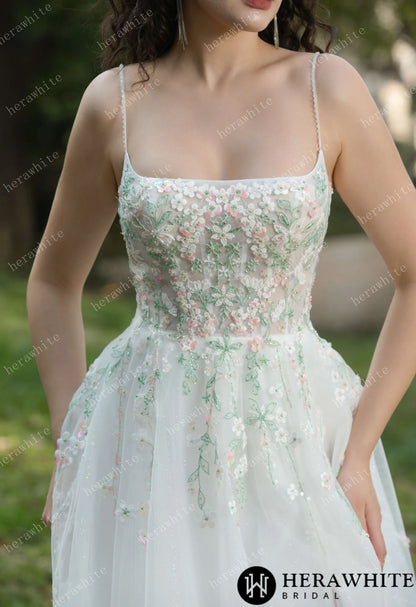 Colourful Embroidered Floral With Spaghetti Straps Square Neck Wedding Dress — HW3608 — image 4