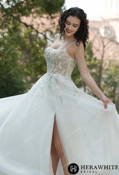 Colourful Embroidered Floral With Spaghetti Straps Square Neck Wedding Dress — HW3608 — image 5
