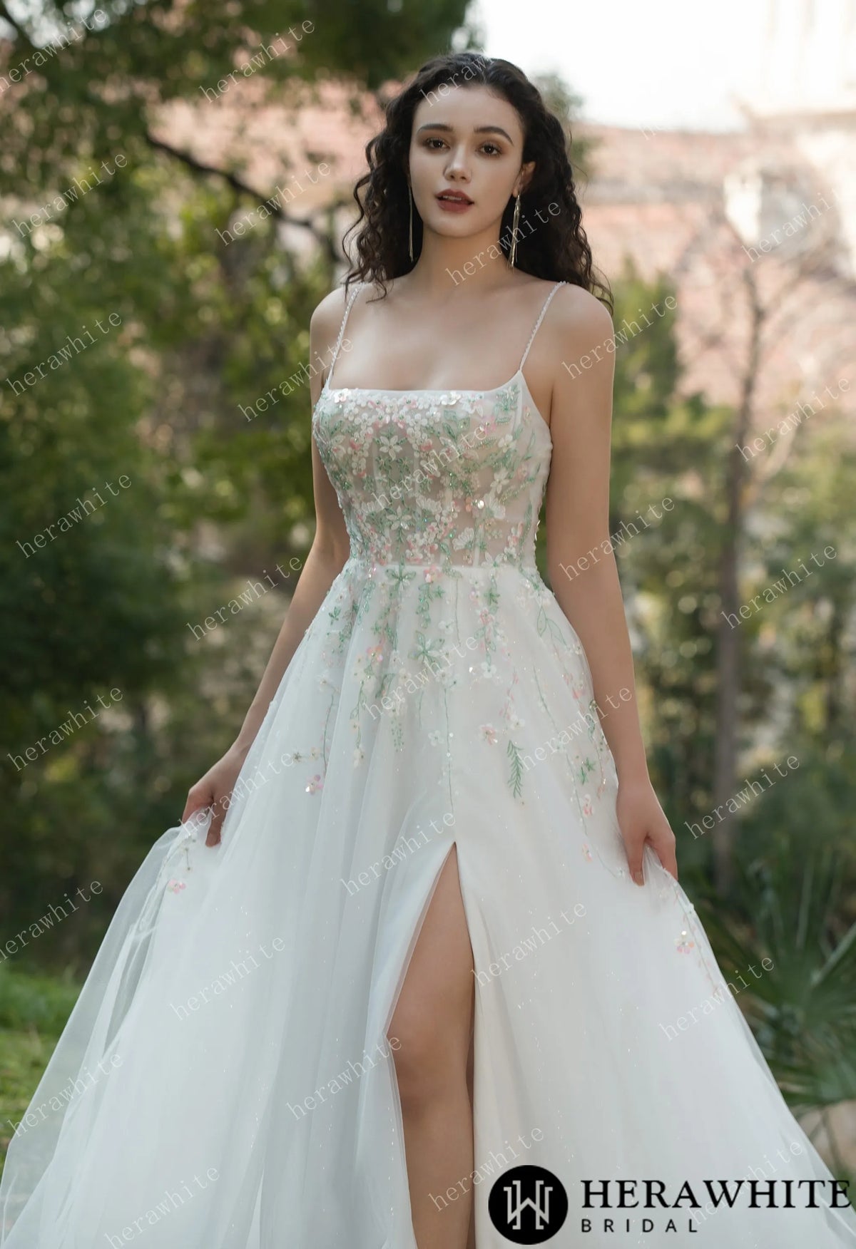 Colourful Embroidered Floral With Spaghetti Straps Square Neck Wedding Dress — HW3608 — image 6