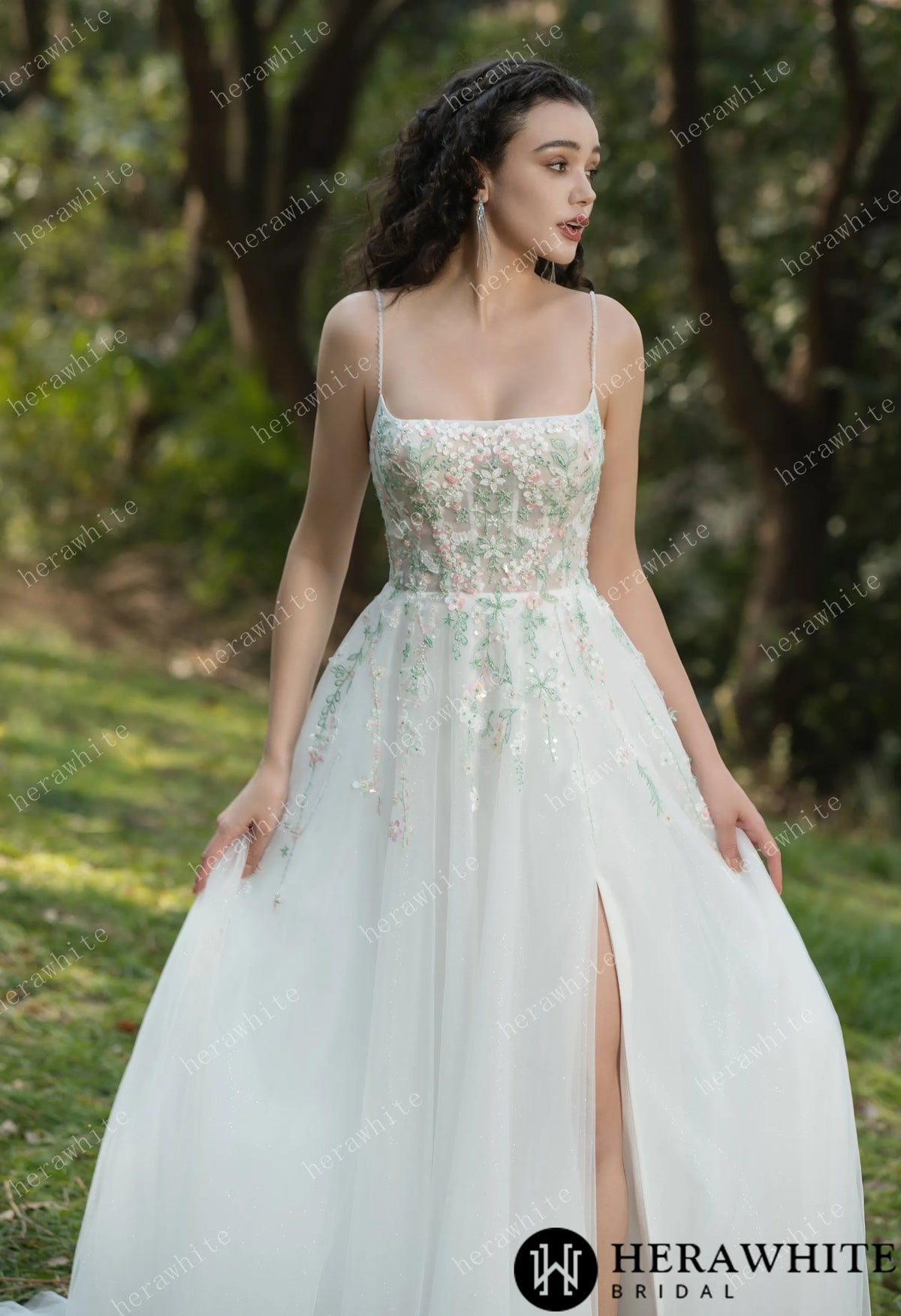 Colourful Embroidered Floral With Spaghetti Straps Square Neck Wedding Dress — HW3608 — image 7