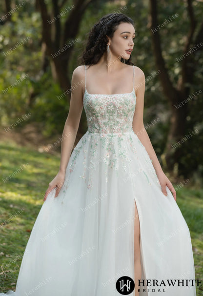 Colourful Embroidered Floral With Spaghetti Straps Square Neck Wedding Dress — HW3608 — image 7