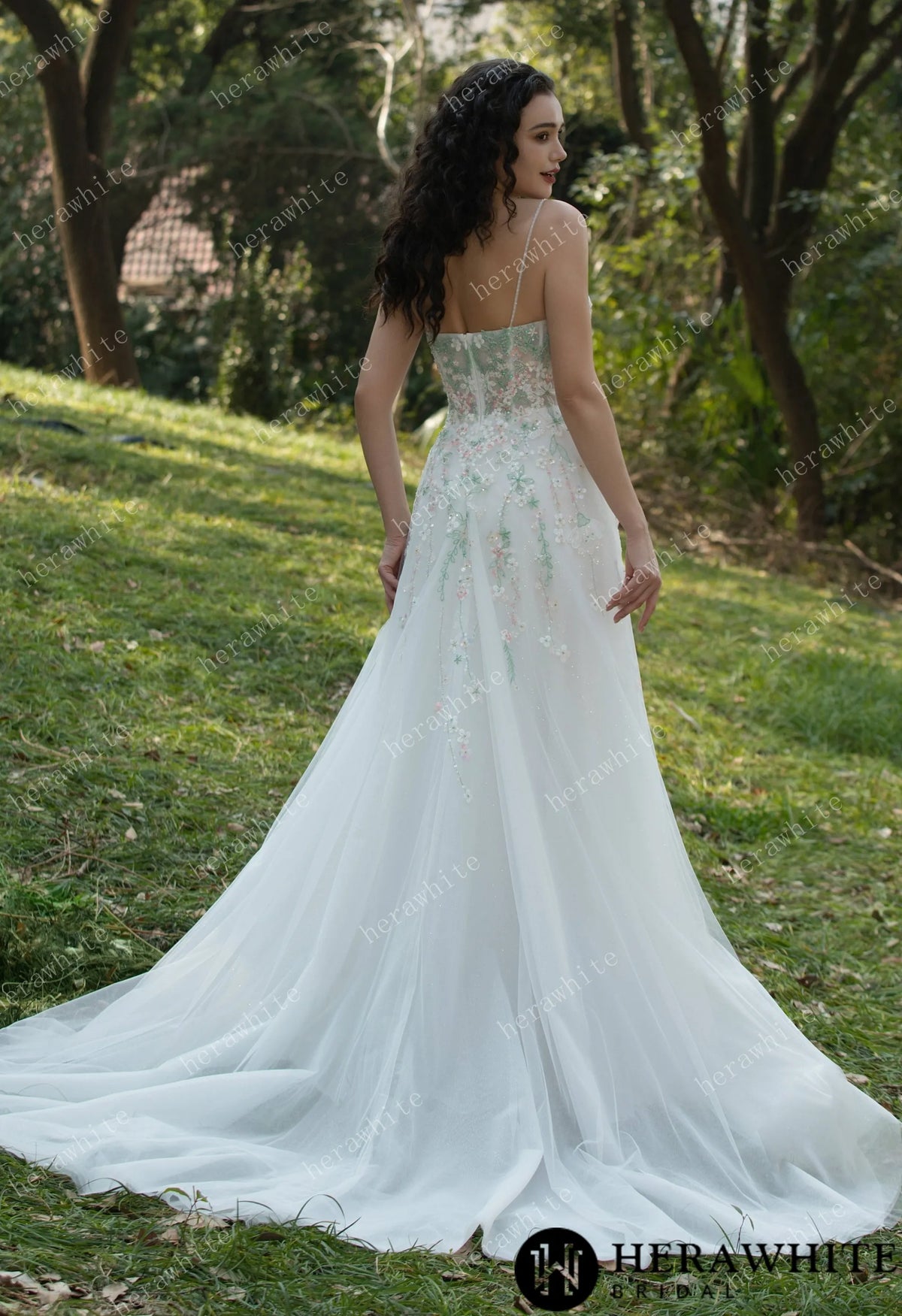 Colourful Embroidered Floral With Spaghetti Straps Square Neck Wedding Dress — HW3608 — image 8