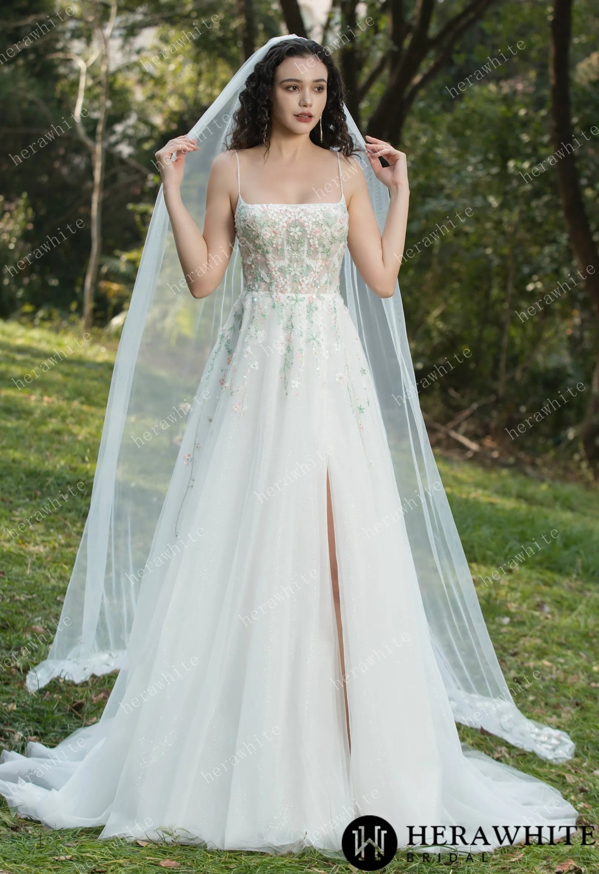 Colourful Embroidered Floral With Spaghetti Straps Square Neck Wedding Dress — HW3608 — image 9