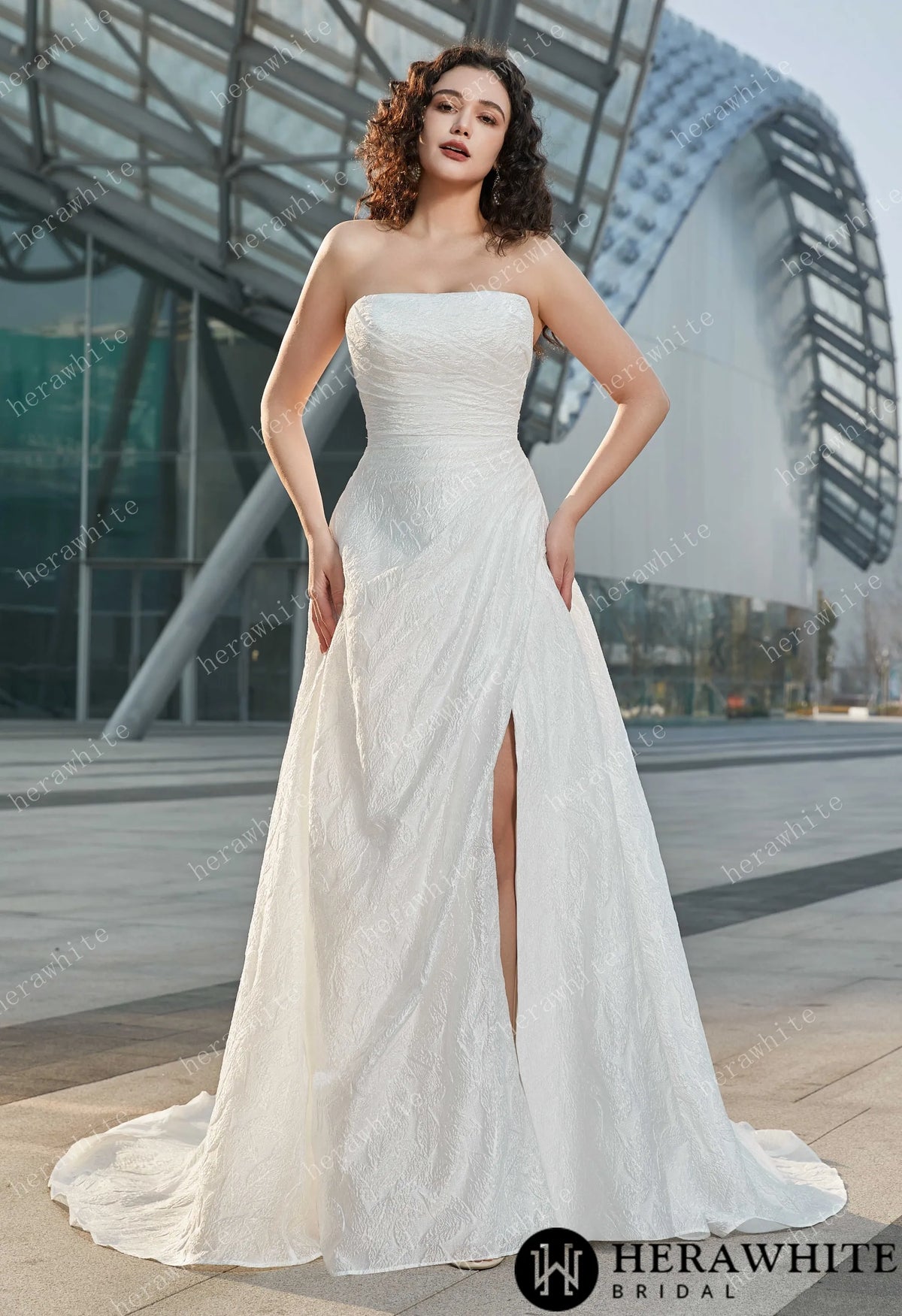 Strapless High Slit Printed Tulle A line Wedding Dresses — HW3609 — image 1