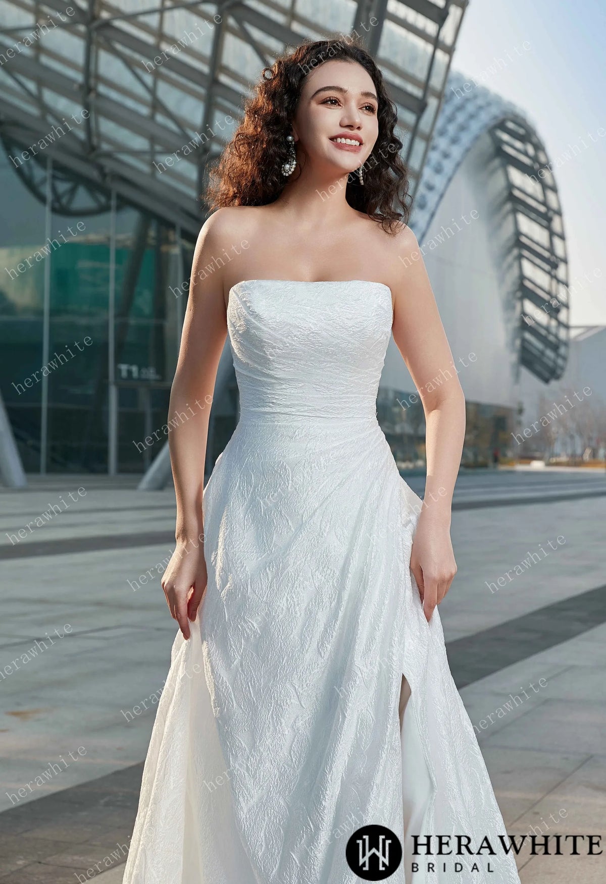 Strapless High Slit Printed Tulle A line Wedding Dresses — HW3609 — image 2