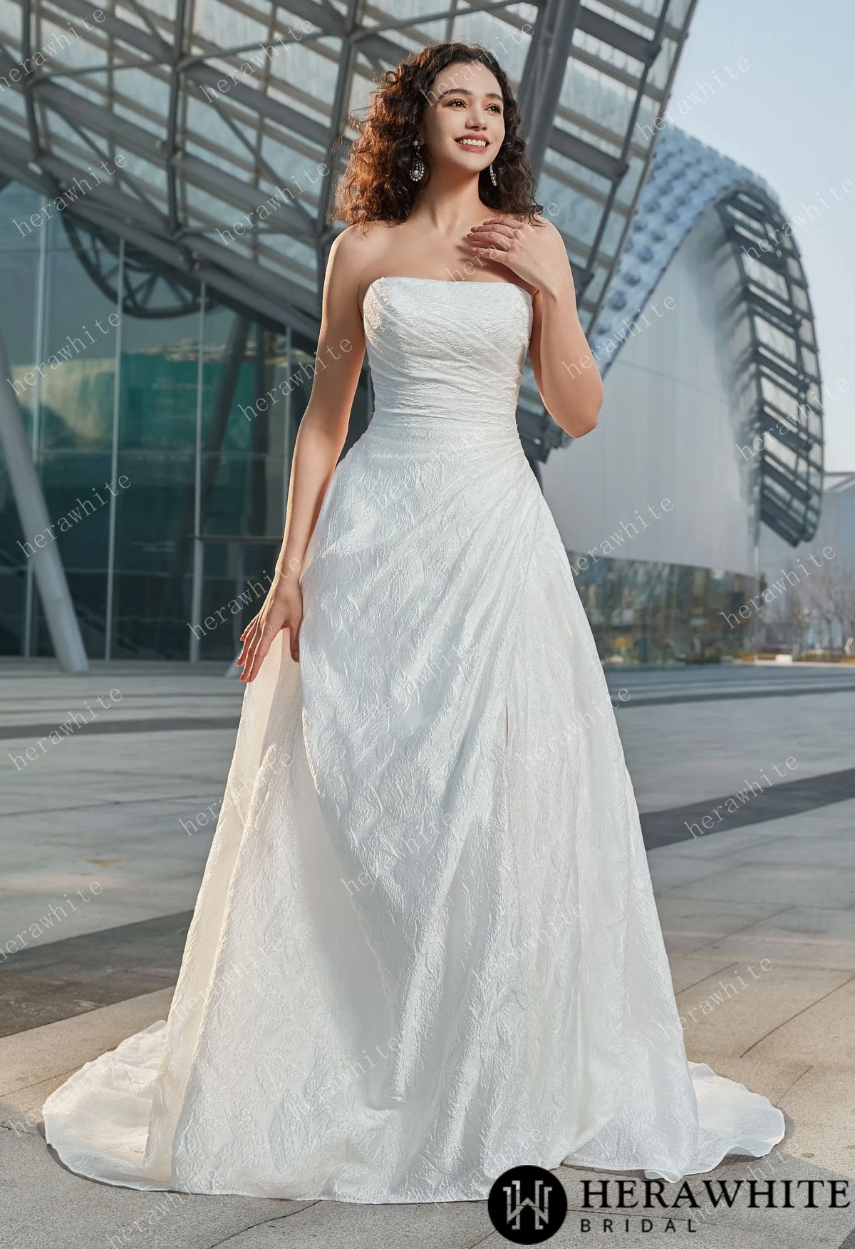 Strapless High Slit Printed Tulle A line Wedding Dresses — HW3609 — image 3